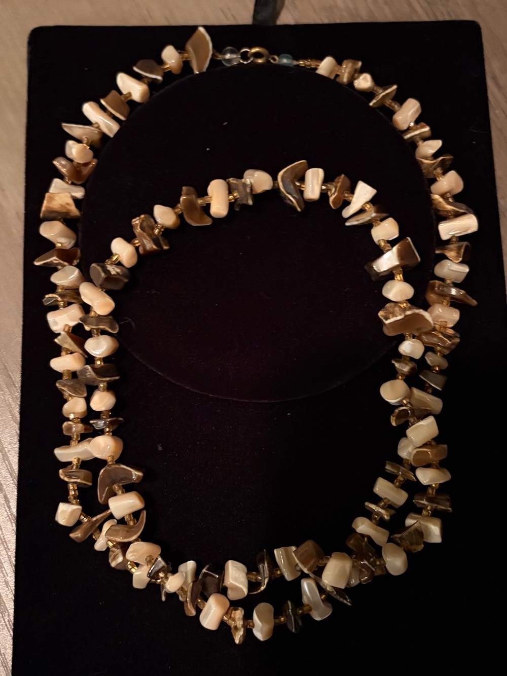 Vintage Mother of Pearl & Black Lip Shell Chip Necklace With Seed Bead Spacers